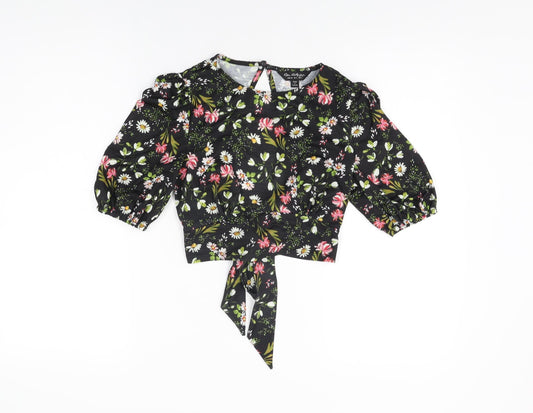 Miss Selfridge Womens Black Floral Polyester Cropped T-Shirt Size 6 Round Neck