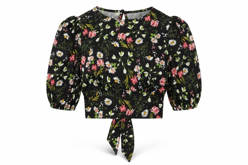 Front view of Miss Selfridge women’s black floral polyester cropped t-shirt, size UK 6, round neck