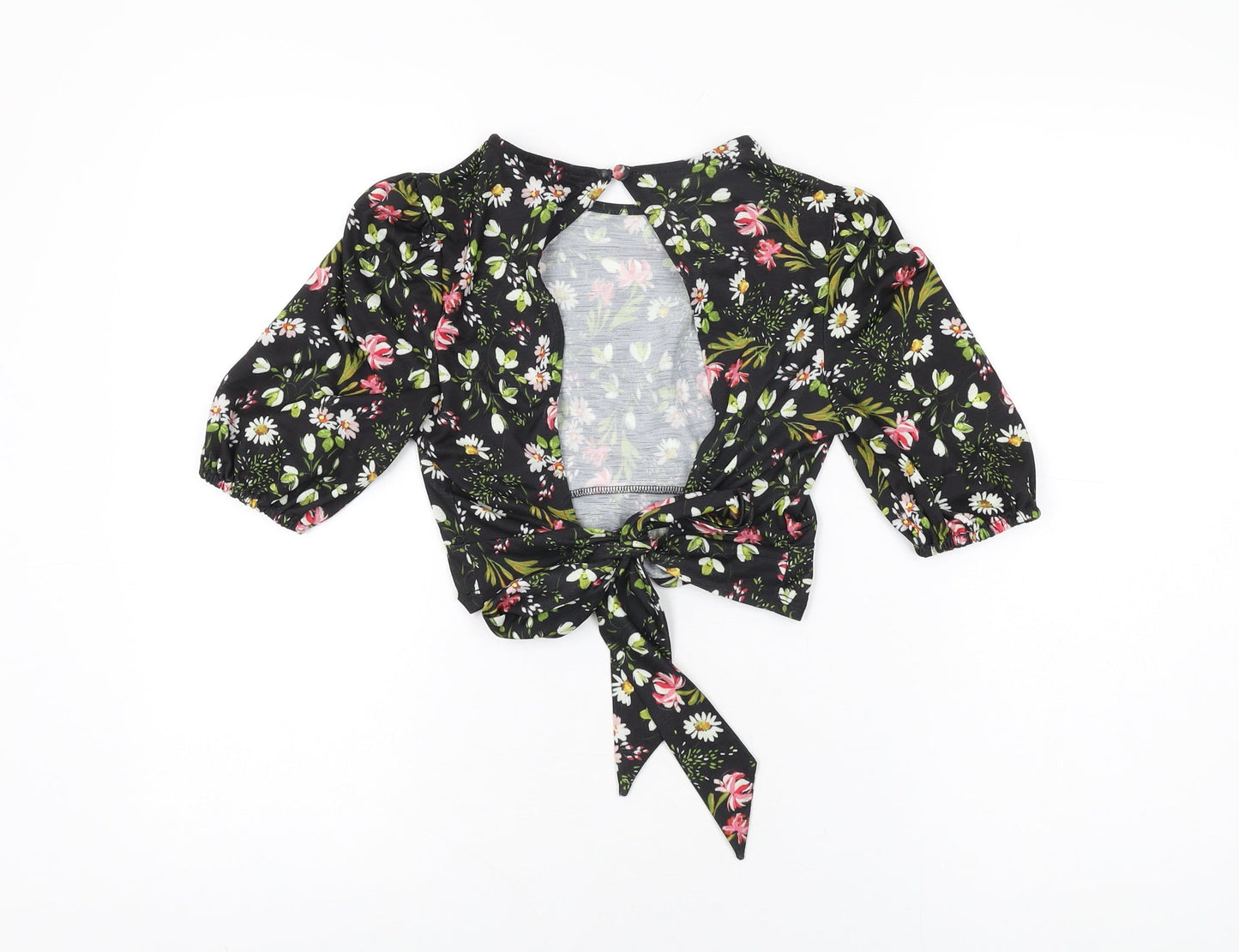 Miss Selfridge Womens Black Floral Polyester Cropped T-Shirt Size 6 Round Neck