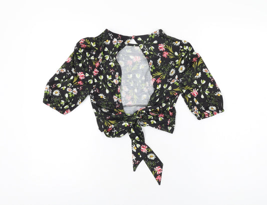 Miss Selfridge Womens Black Floral Polyester Cropped T-Shirt Size 6 Round Neck