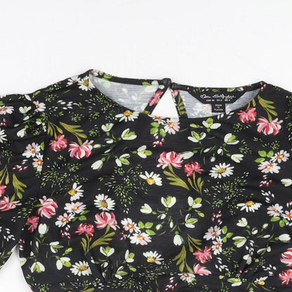 Miss Selfridge Womens Black Floral Polyester Cropped T-Shirt Size 6 Round Neck