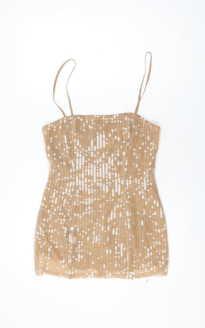 Boohoo Womens Beige Polyester Basic T-Shirt Size 10 Square Neck - Sequins