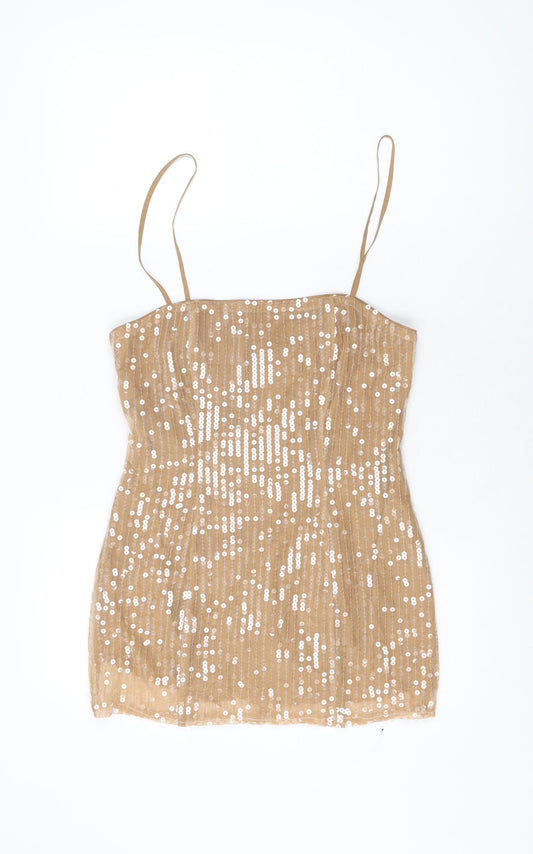 Boohoo Womens Beige Polyester Basic T-Shirt Size 10 Square Neck - Sequins