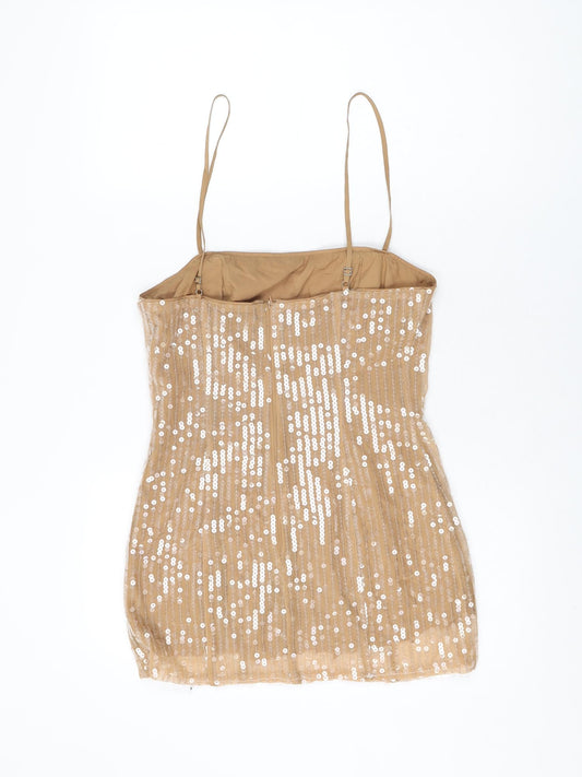 Boohoo Womens Beige Polyester Basic T-Shirt Size 10 Square Neck - Sequins