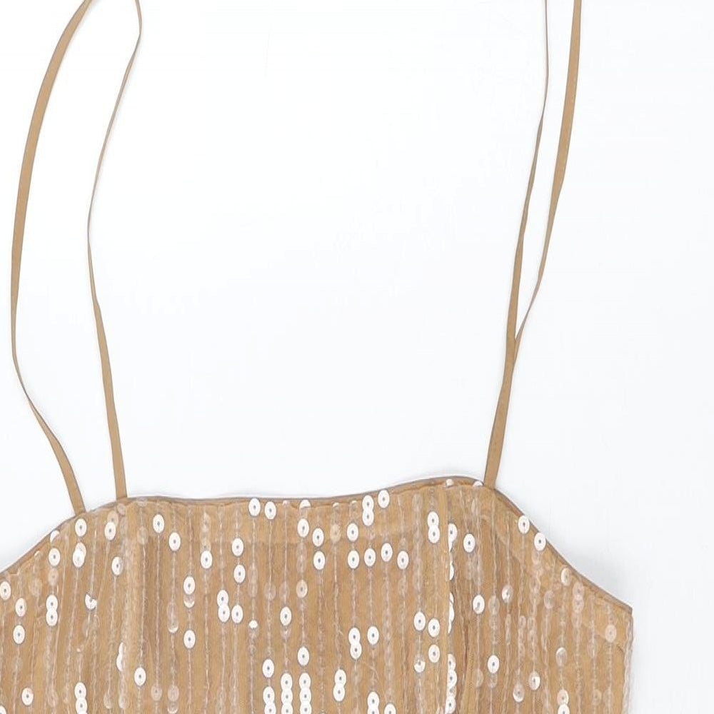 Boohoo Womens Beige Polyester Basic T-Shirt Size 10 Square Neck - Sequins