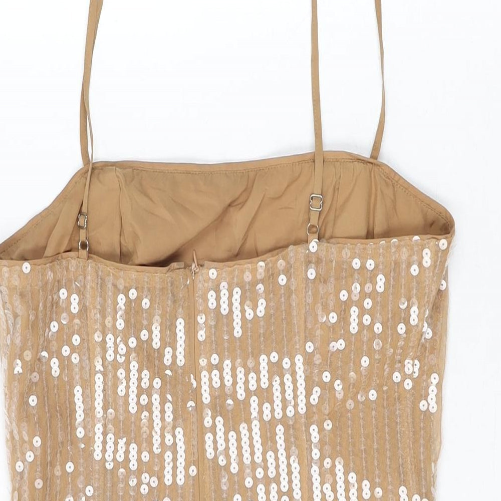 Boohoo Womens Beige Polyester Basic T-Shirt Size 10 Square Neck - Sequins