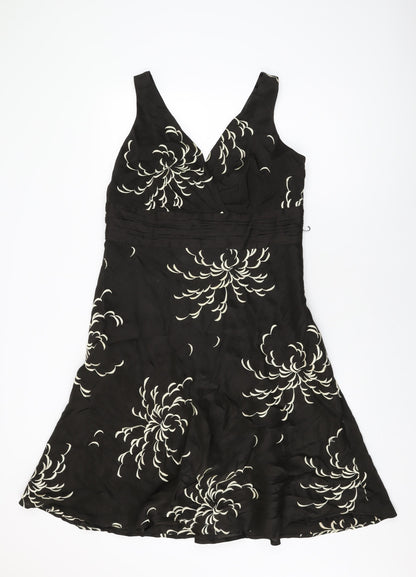 Monsoon Womens Brown Floral Linen A-Line Size 16 V-Neck Zip