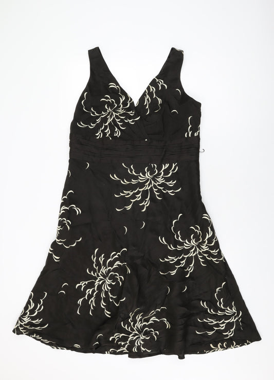 Monsoon Womens Brown Floral Linen A-Line Size 16 V-Neck Zip