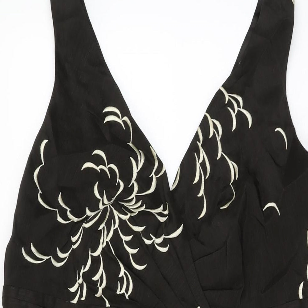 Monsoon Womens Brown Floral Linen A-Line Size 16 V-Neck Zip