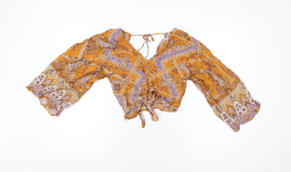 Miss Selfridge Womens Yellow Floral Viscose Basic Blouse Size 10 V-Neck