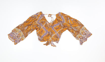 Miss Selfridge Womens Yellow Floral Viscose Basic Blouse Size 10 V-Neck