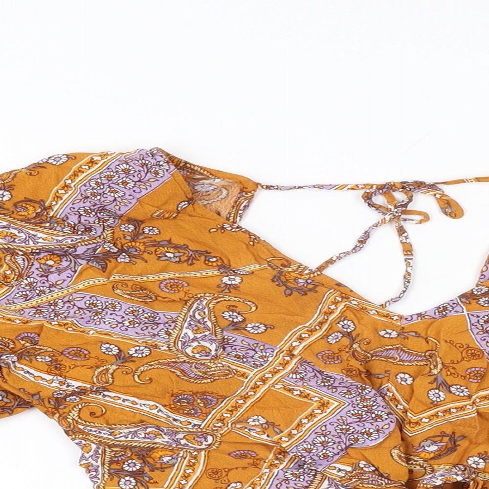 Miss Selfridge Womens Yellow Floral Viscose Basic Blouse Size 10 V-Neck