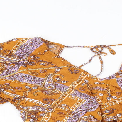 Miss Selfridge Womens Yellow Floral Viscose Basic Blouse Size 10 V-Neck