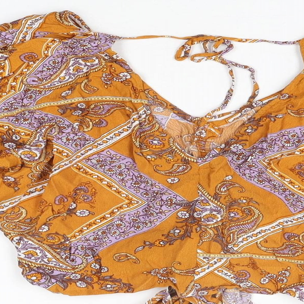 Miss Selfridge Womens Yellow Floral Viscose Basic Blouse Size 10 V-Neck