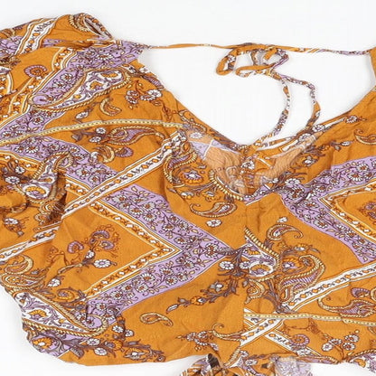 Miss Selfridge Womens Yellow Floral Viscose Basic Blouse Size 10 V-Neck