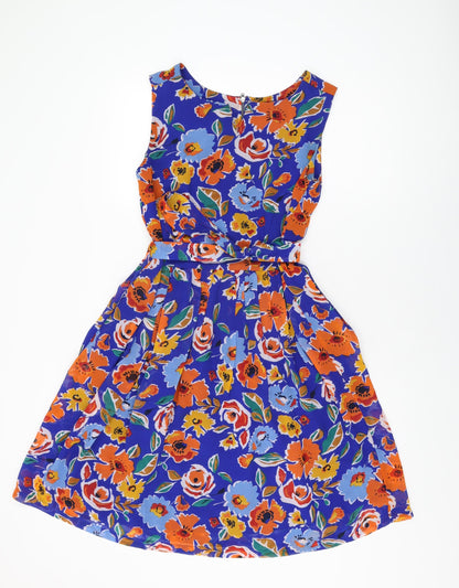 Dickins & Jones Womens Blue Floral Polyester A-Line Size 10 Round Neck Zip