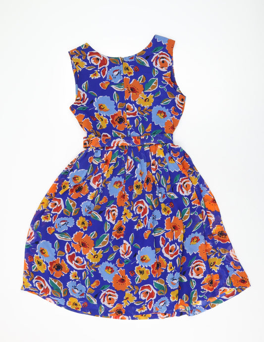 Dickins & Jones Womens Blue Floral Polyester A-Line Size 10 Round Neck Zip
