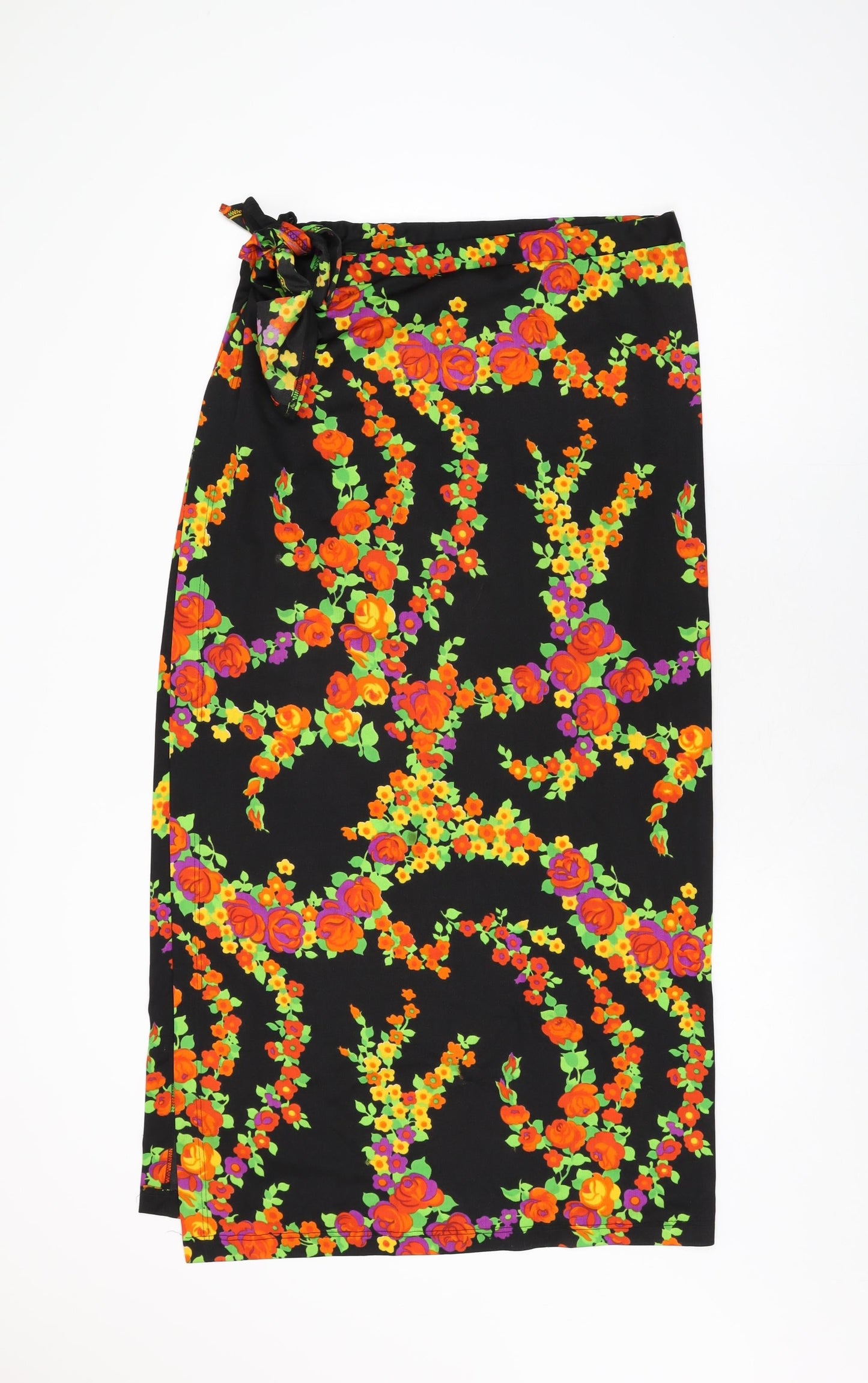 Jer-Sea Womens Black Floral Polyester Wrap Skirt Size 14 Button