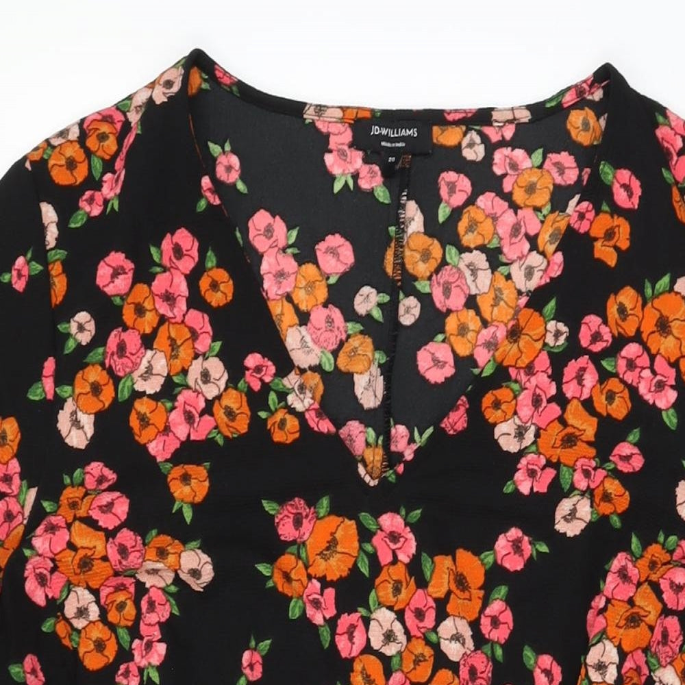 JD Williams Womens Black Floral Polyester A-Line Size 20 V-Neck Pullover