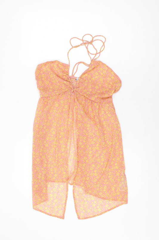 Bershka Womens Pink Floral Polyester Basic Blouse Size S V-Neck