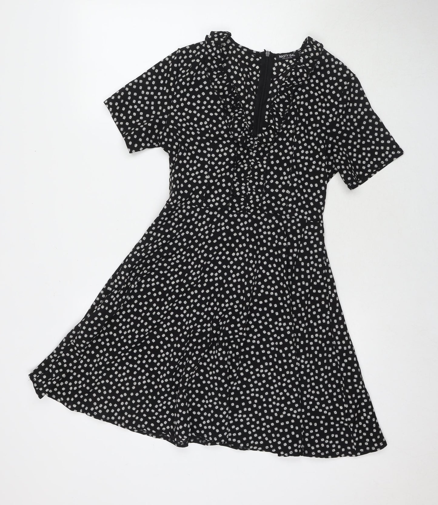 Nasty Gal Womens Black Floral Polyester Fit & Flare Size 8 V-Neck Zip