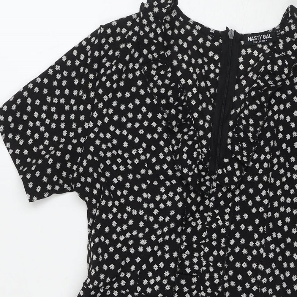 Nasty Gal Womens Black Floral Polyester Fit & Flare Size 8 V-Neck Zip