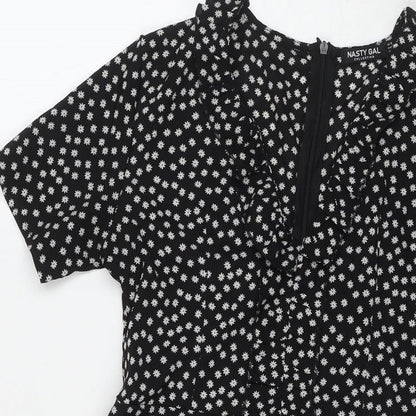 Nasty Gal Womens Black Floral Polyester Fit & Flare Size 8 V-Neck Zip