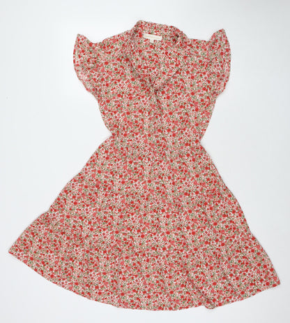 Monteau Womens Red Floral Viscose Fit & Flare Size XS V-Neck Pullover
