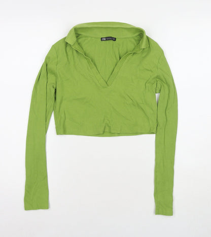 Zara Womens Green Cotton Cropped Polo Size M Collared