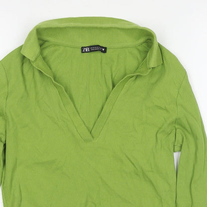 Zara Womens Green Cotton Cropped Polo Size M Collared