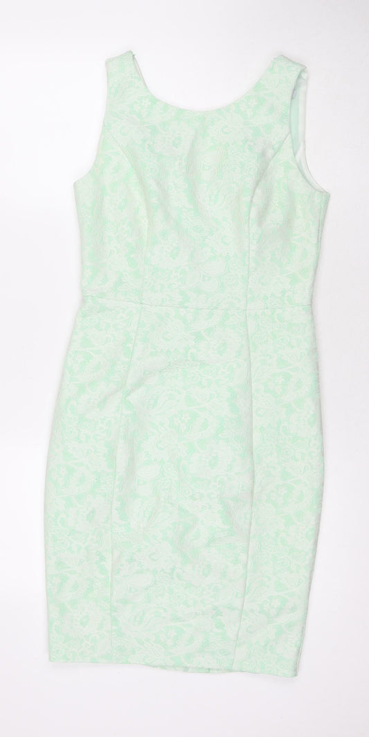 Debenhams Womens Green Floral Polyester A-Line Size 8 Round Neck Zip