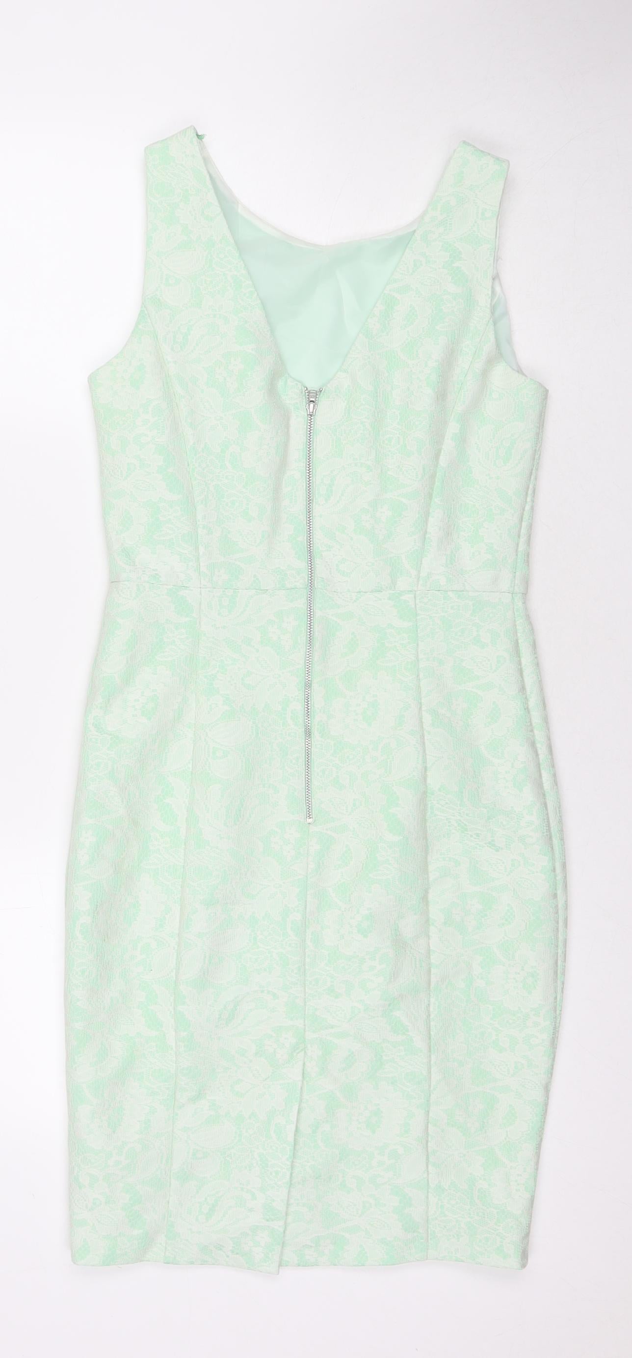 Debenhams Womens Green Floral Polyester A-Line Size 8 Round Neck Zip