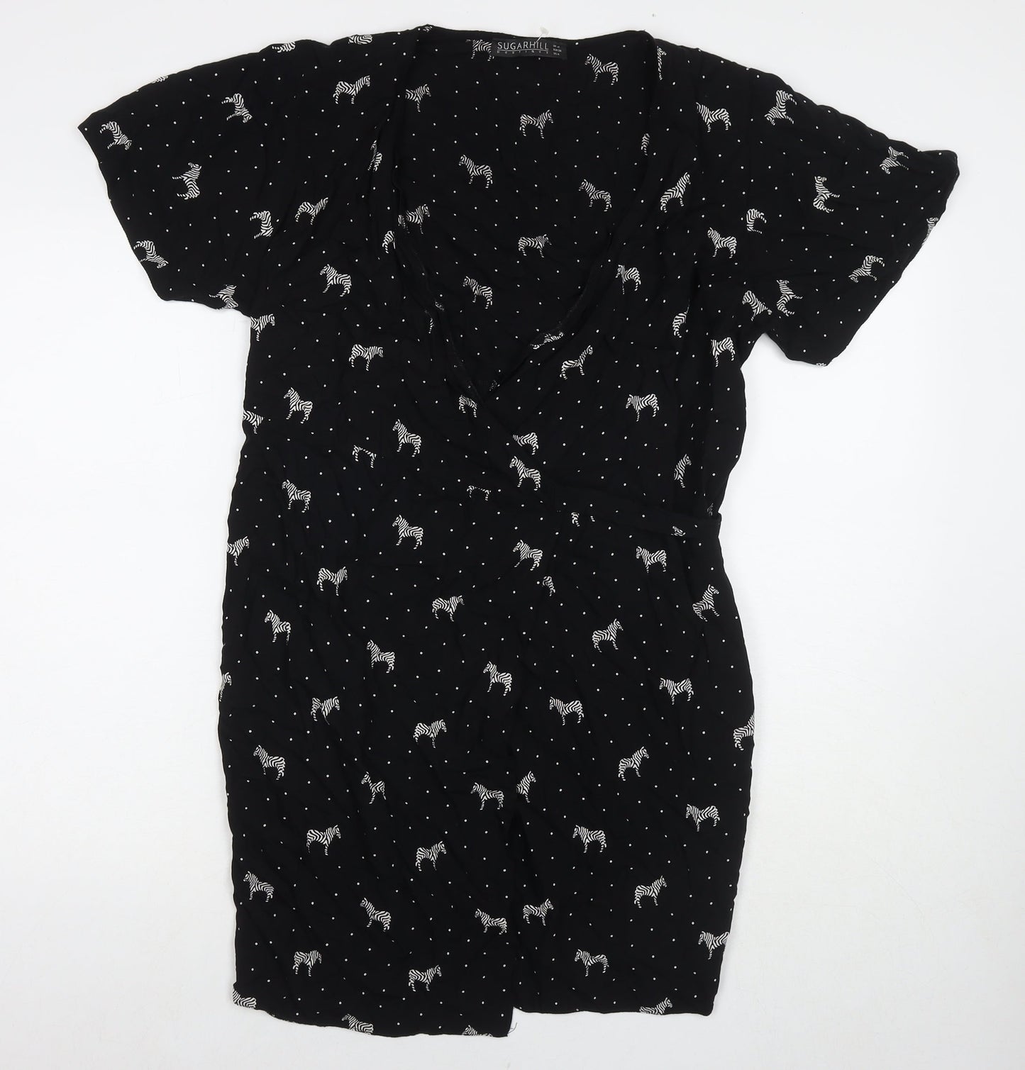 Sugarhill Womens Black Polka Dot Viscose Wrap Dress Size 10 V-Neck Tie