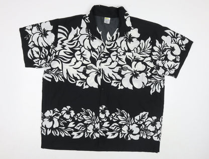 Rima Mens Black Floral Polyester Button-Up Size XL Collared Button
