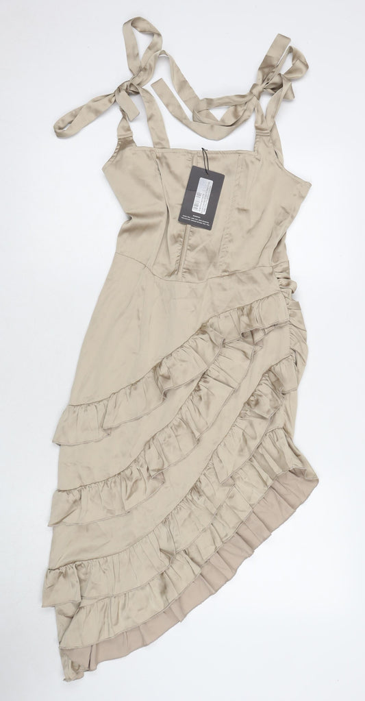 PRETTYLITTLETHING Womens Beige Polyester A-Line Size 8 Square Neck Zip