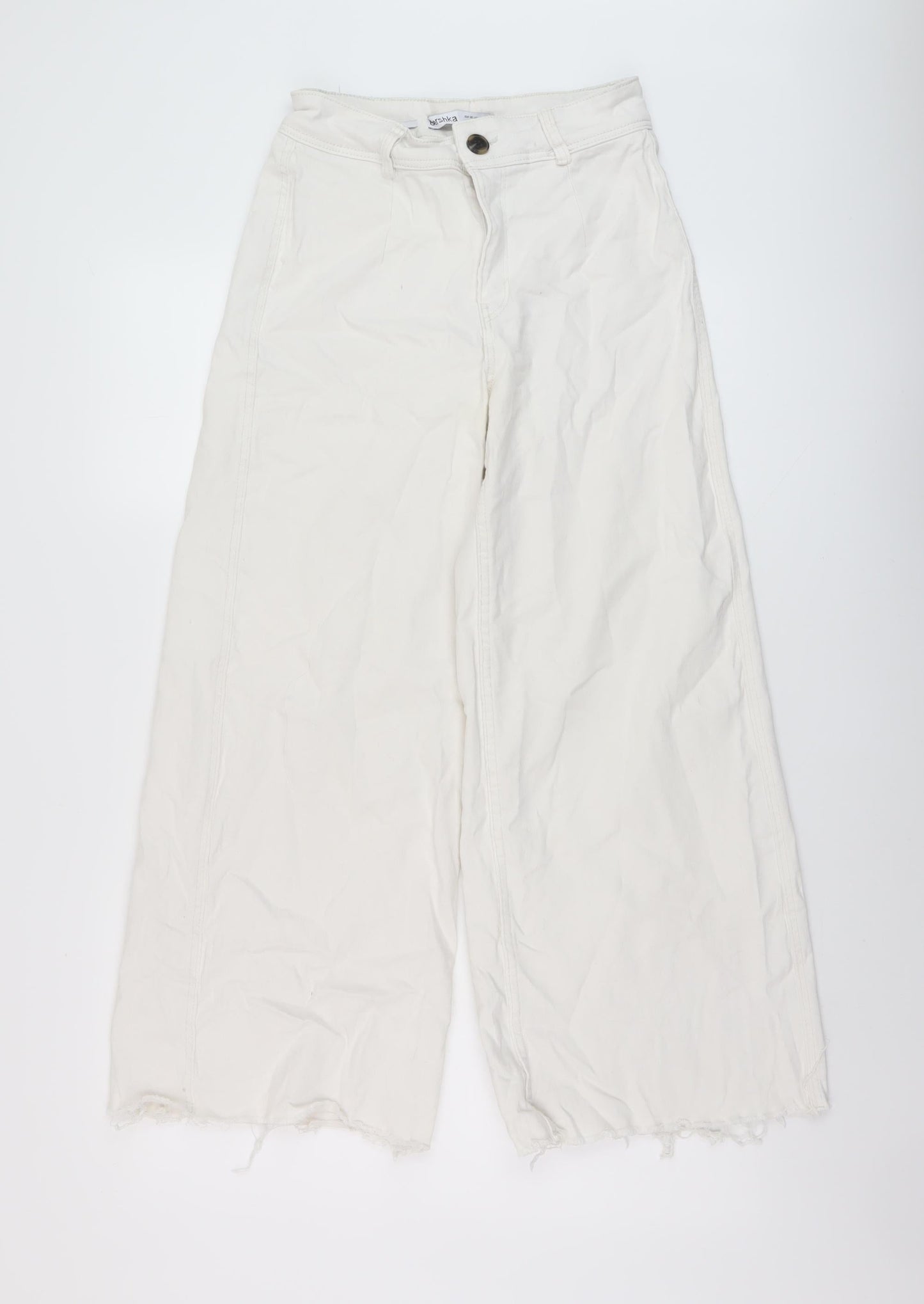 Bershka Womens White Cotton Wide-Leg Jeans Size 8 L26 in Regular Button