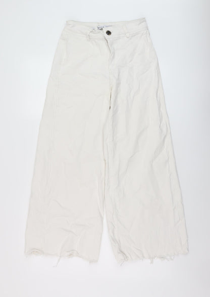 Bershka Womens White Cotton Wide-Leg Jeans Size 8 L26 in Regular Button