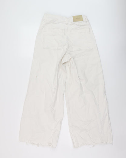 Bershka Womens White Cotton Wide-Leg Jeans Size 8 L26 in Regular Button