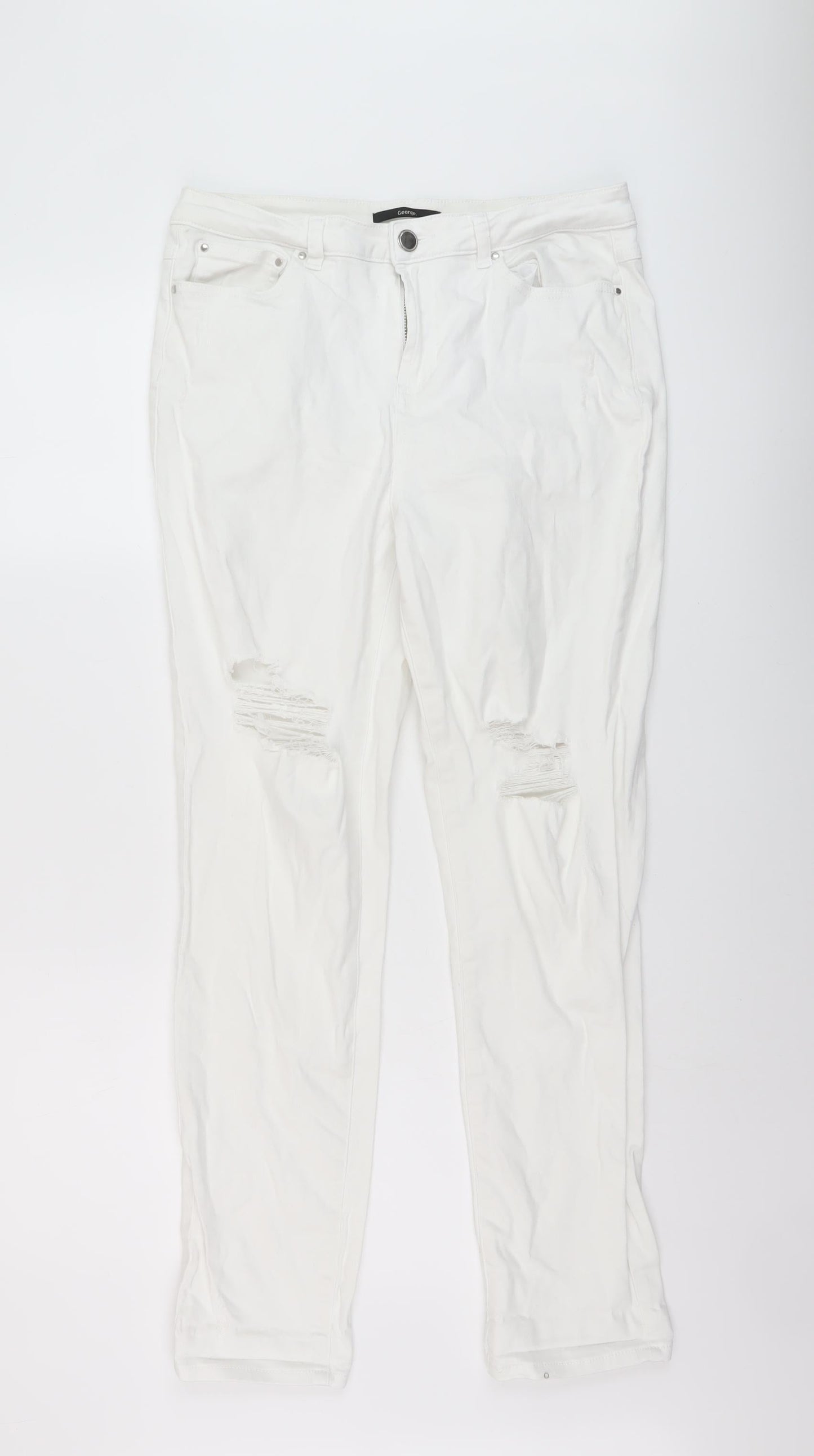 George Womens White Cotton Straight Jeans Size 14 L28 in Regular Button