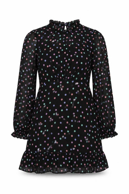 New Look Womens Black Polka Dot Polyester A-Line Size 14 Mock Neck Button