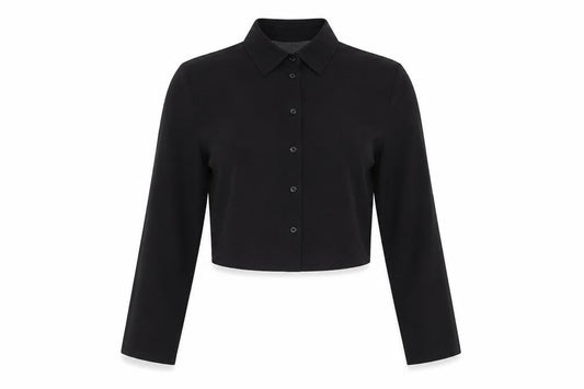 Front view of ASOS women’s black polyester cropped button-up, size UK 10, collared