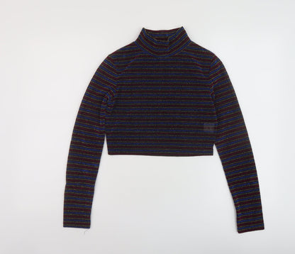 Glamorous Womens Multicoloured Striped Polyester Cropped Blouse Size S Mock Neck