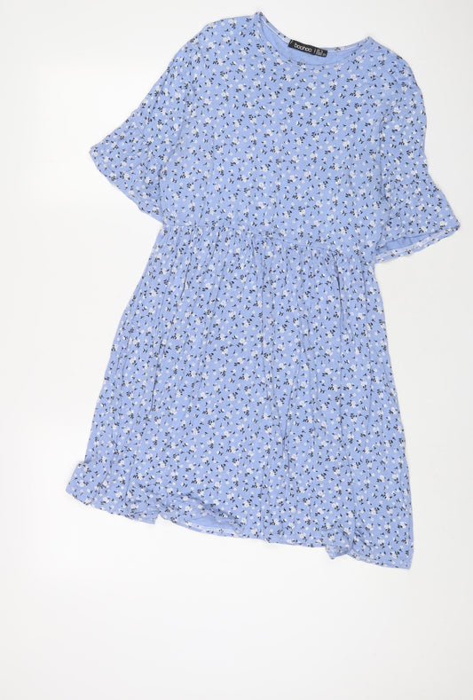 Boohoo Womens Blue Floral Viscose A-Line Size 8 Crew Neck Pullover