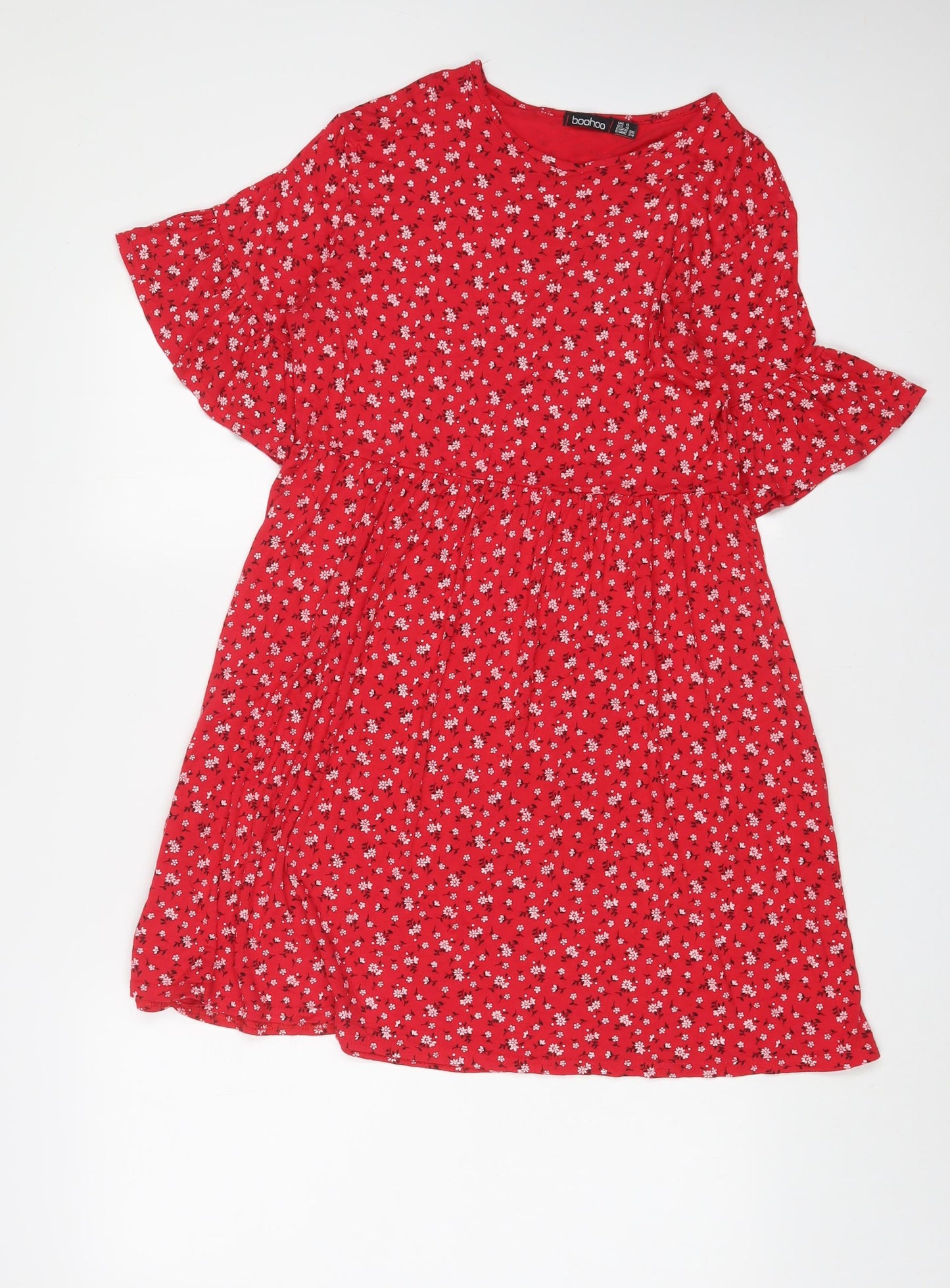 Boohoo Womens Red Floral Viscose A-Line Size 8 Collared Pullover