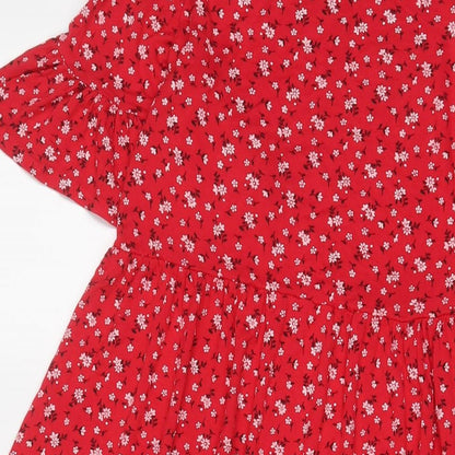Boohoo Womens Red Floral Viscose A-Line Size 8 Collared Pullover