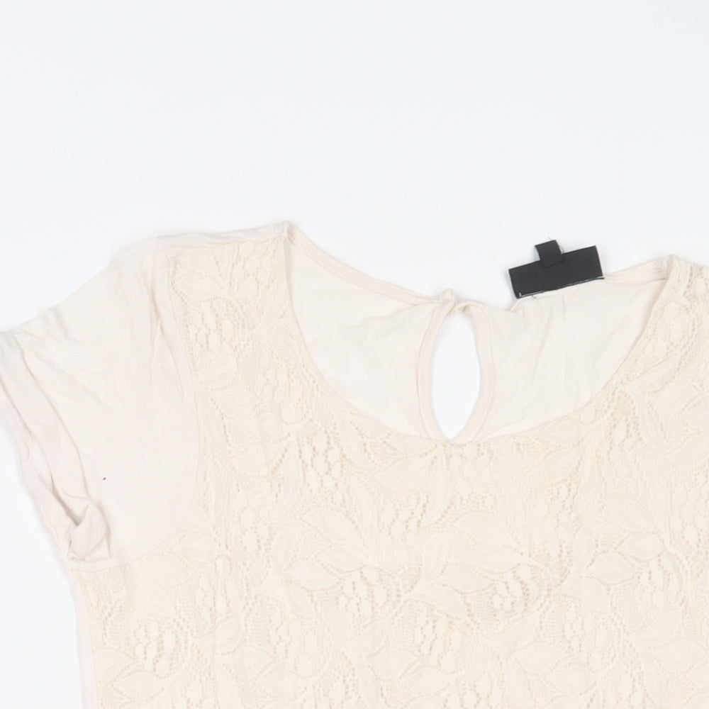 Womens UK Size 10 Warehouse Beige Basic T-Shirt