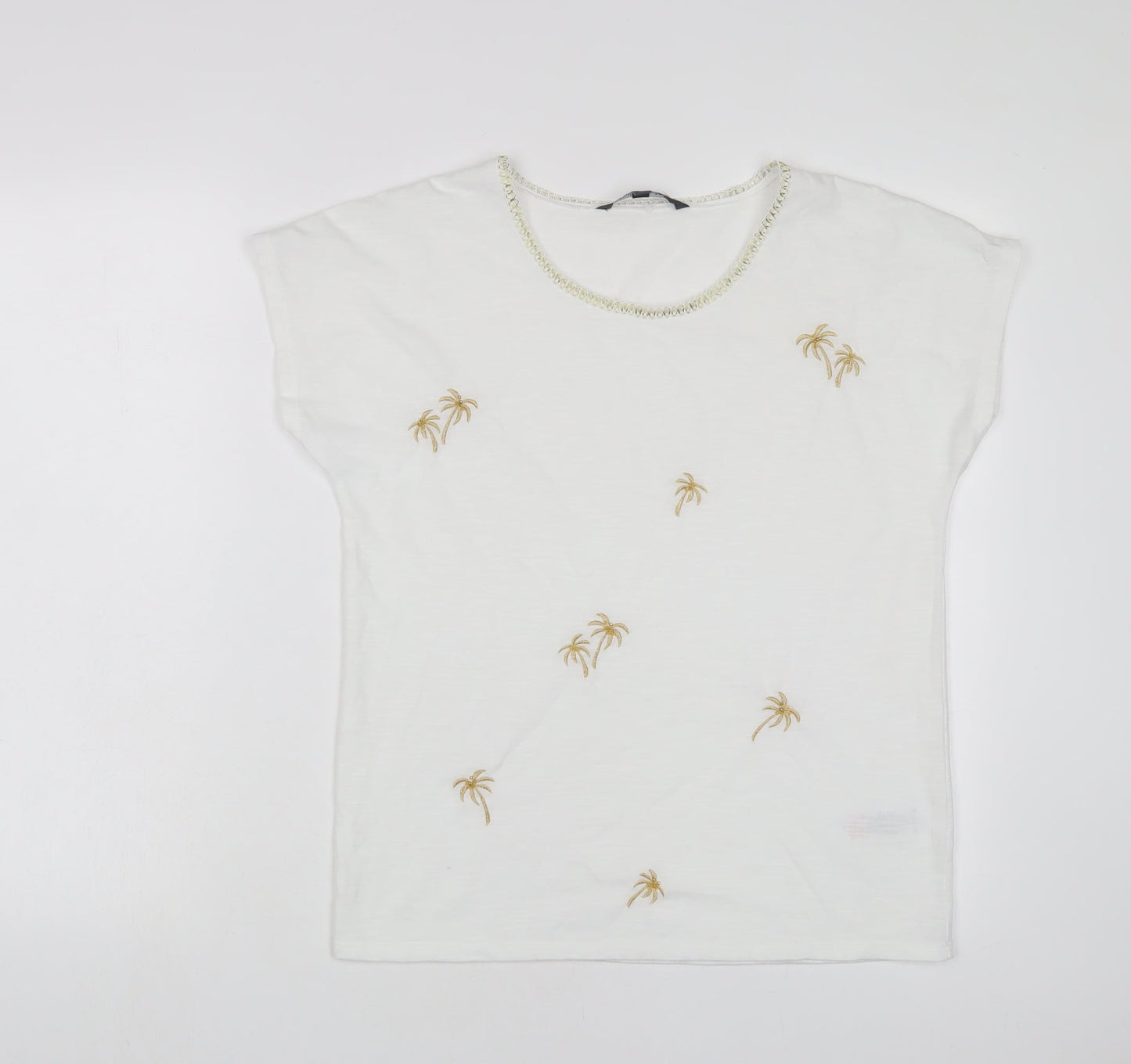 Bonmarché Womens White Polyester Basic T-Shirt Size 10 Crew Neck - Embroidered