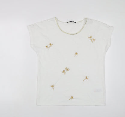 Bonmarché Womens White Polyester Basic T-Shirt Size 10 Crew Neck - Embroidered