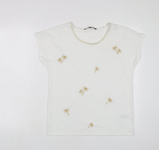 Bonmarché Womens White Polyester Basic T-Shirt Size 10 Crew Neck - Embroidered