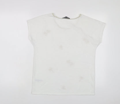 Bonmarché Womens White Polyester Basic T-Shirt Size 10 Crew Neck - Embroidered
